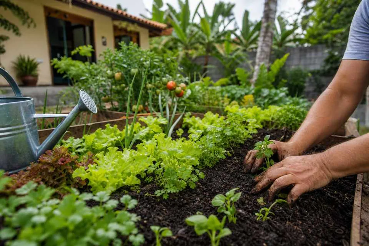Horta caseira sendo implantada em canteiros de madeira com hortaliças frescas