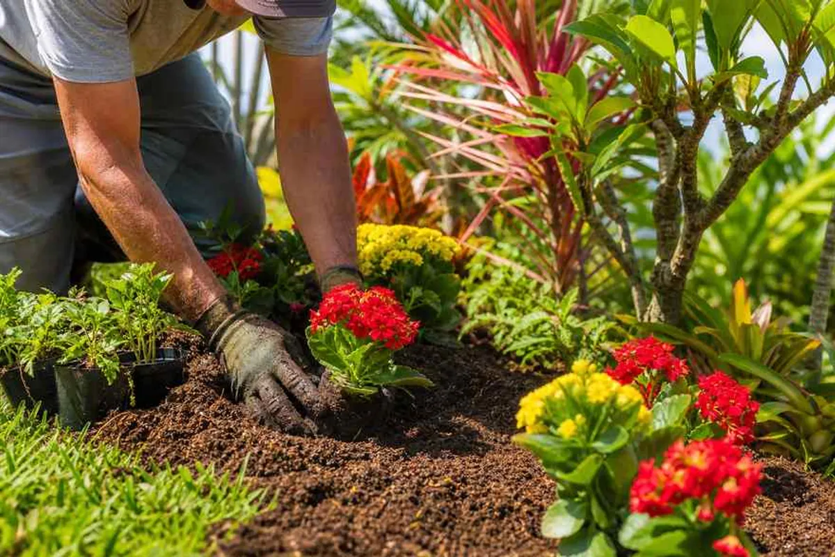 Jardineiro plantando mudas de flores coloridas em canteiro paisagístico