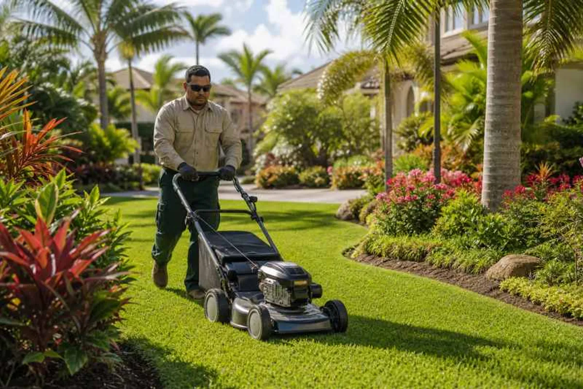 Paisagista mantendo gramado e canteiros de jardim tropical em Nazaré