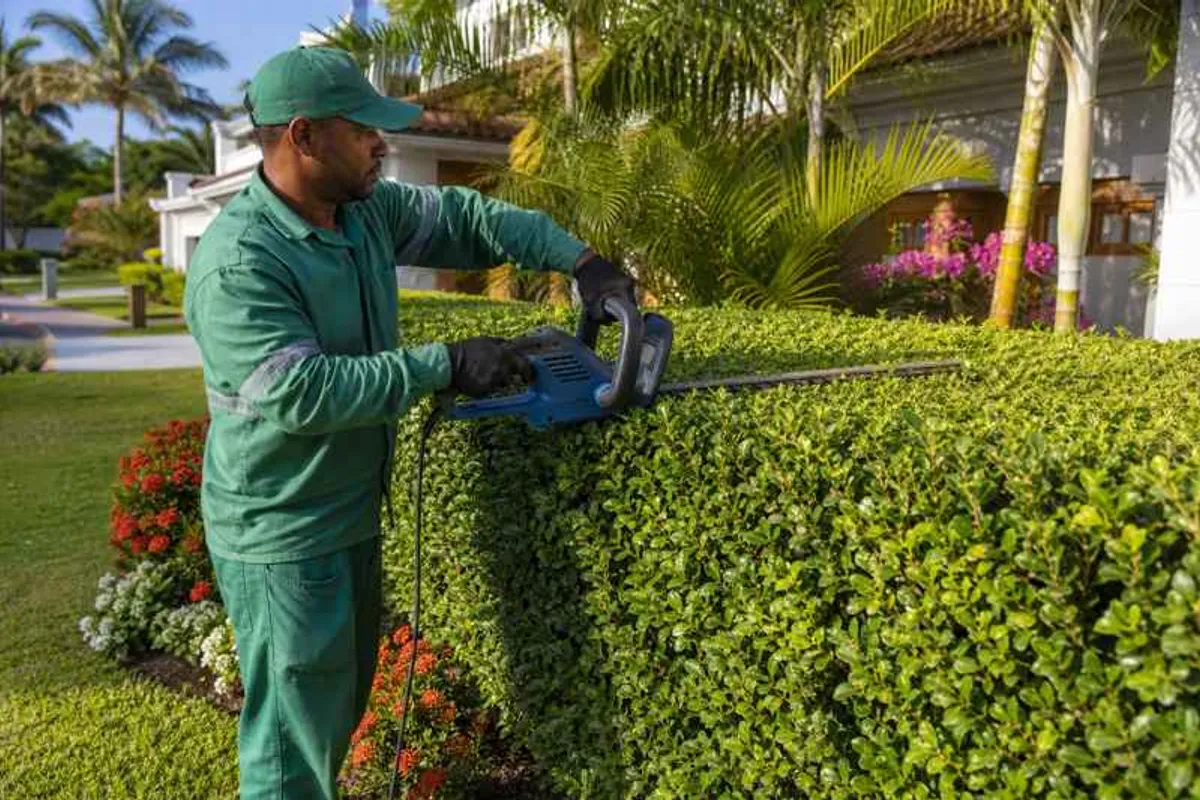Jardineiro profissional aparando cerca viva em jardim residencial no Canela, Salvador