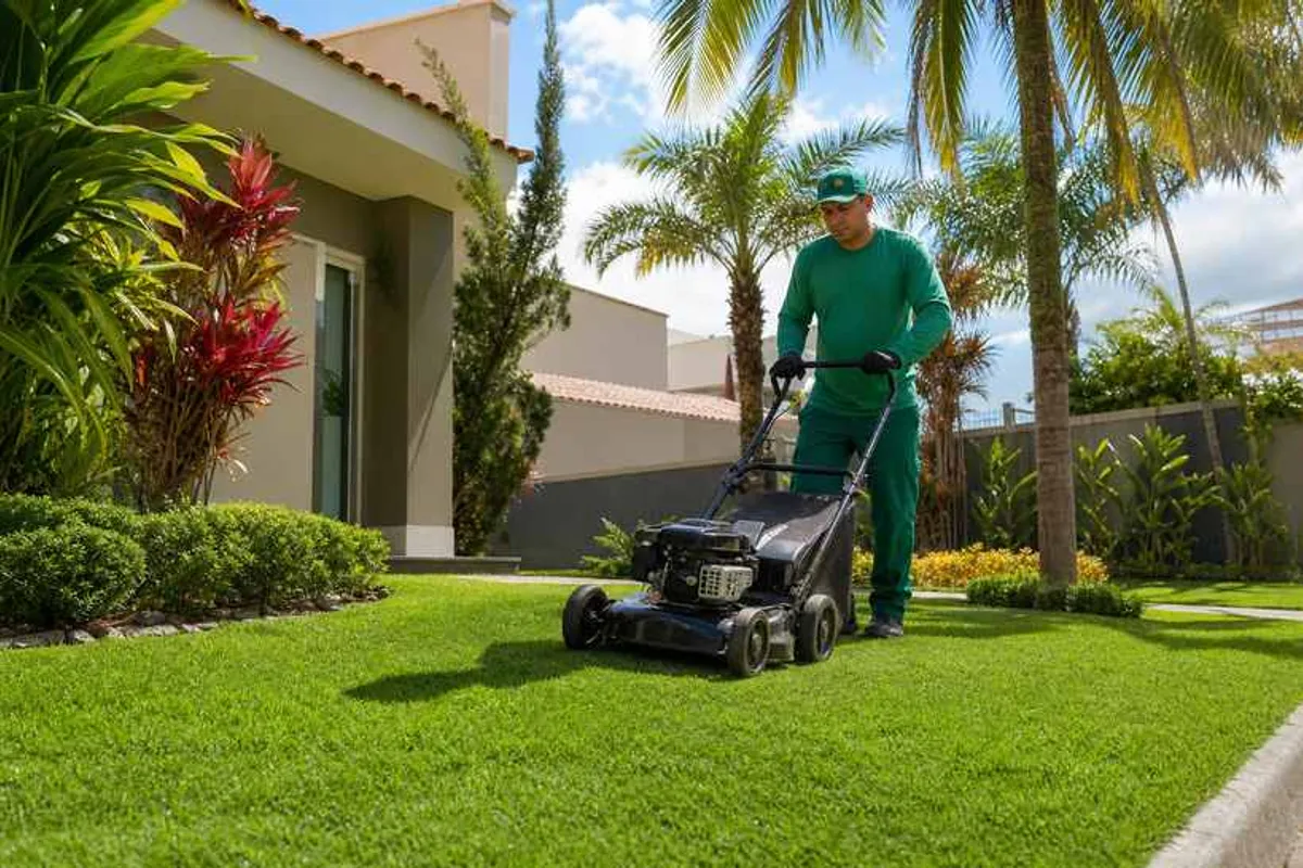 Jardineiro fazendo corte de grama e manutenção de jardim residencial no Costa Azul