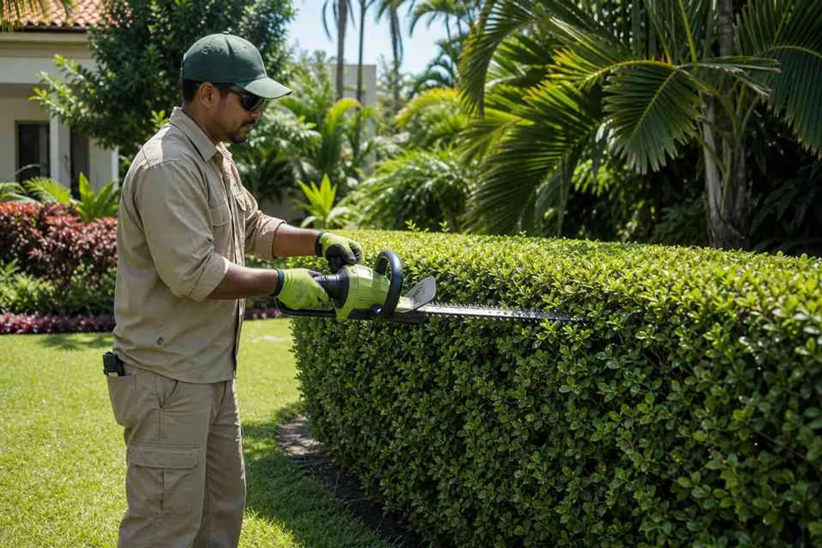 Jardineiro profissional podando cerca-viva em jardim residencial tropical bem cuidado