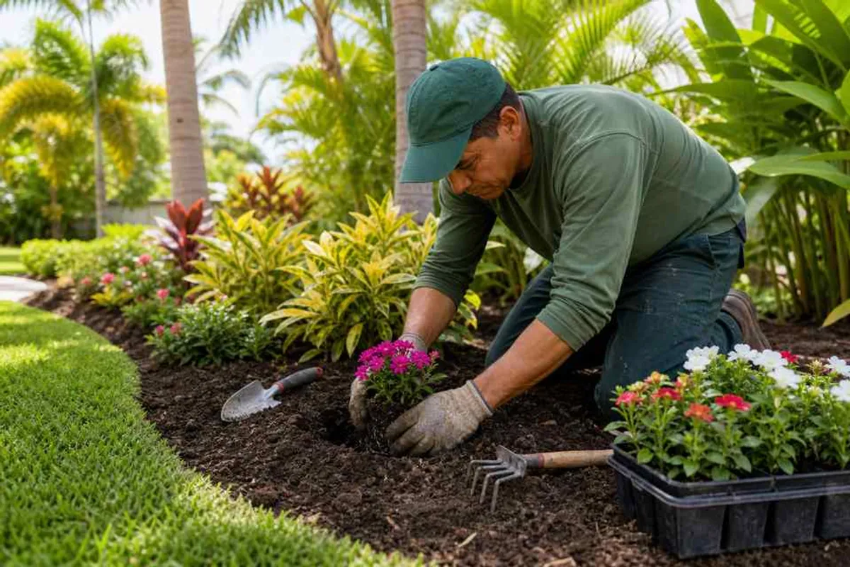 Paisagista plantando flores e arbustos em canteiro de jardim tropical manicurado