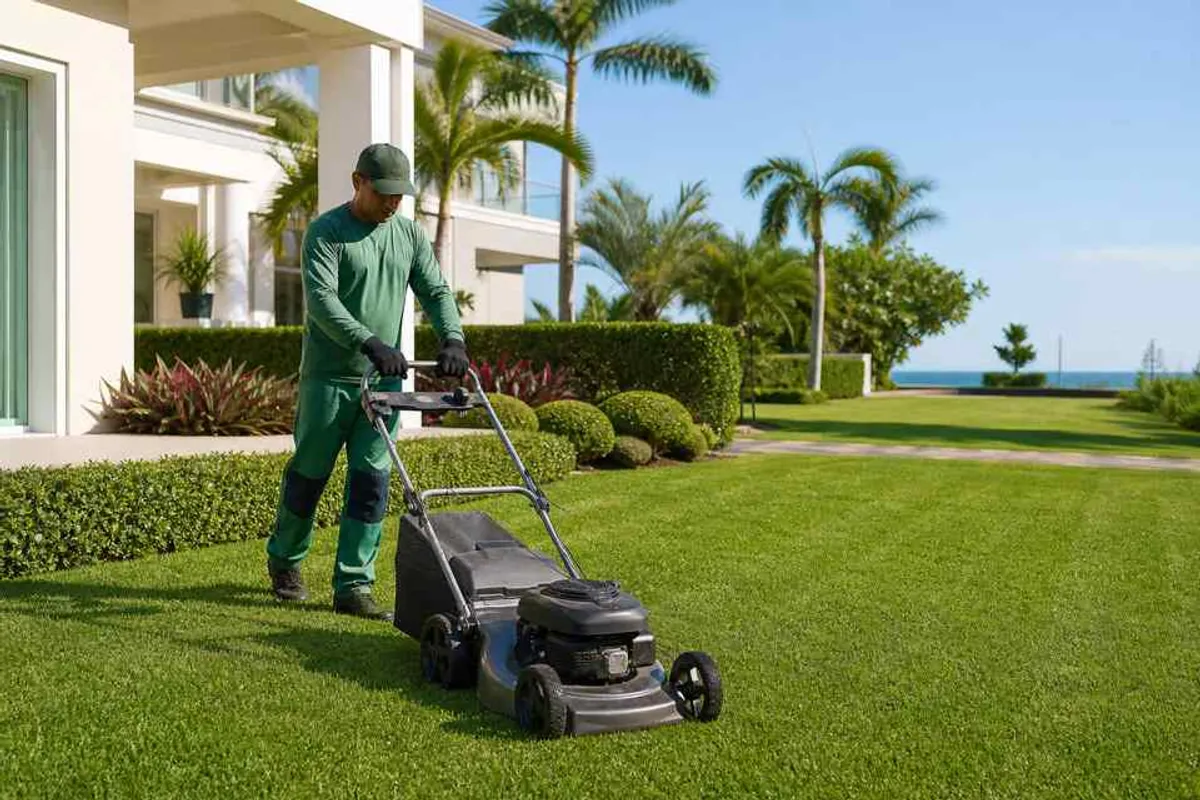 Jardineiro cortando grama em jardim residencial na Armação