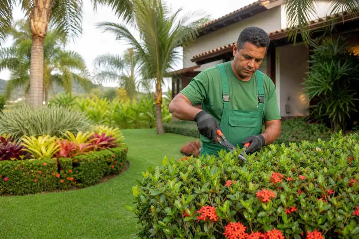 Jardineiro podando arbustos em jardim tropical no Pituaçu