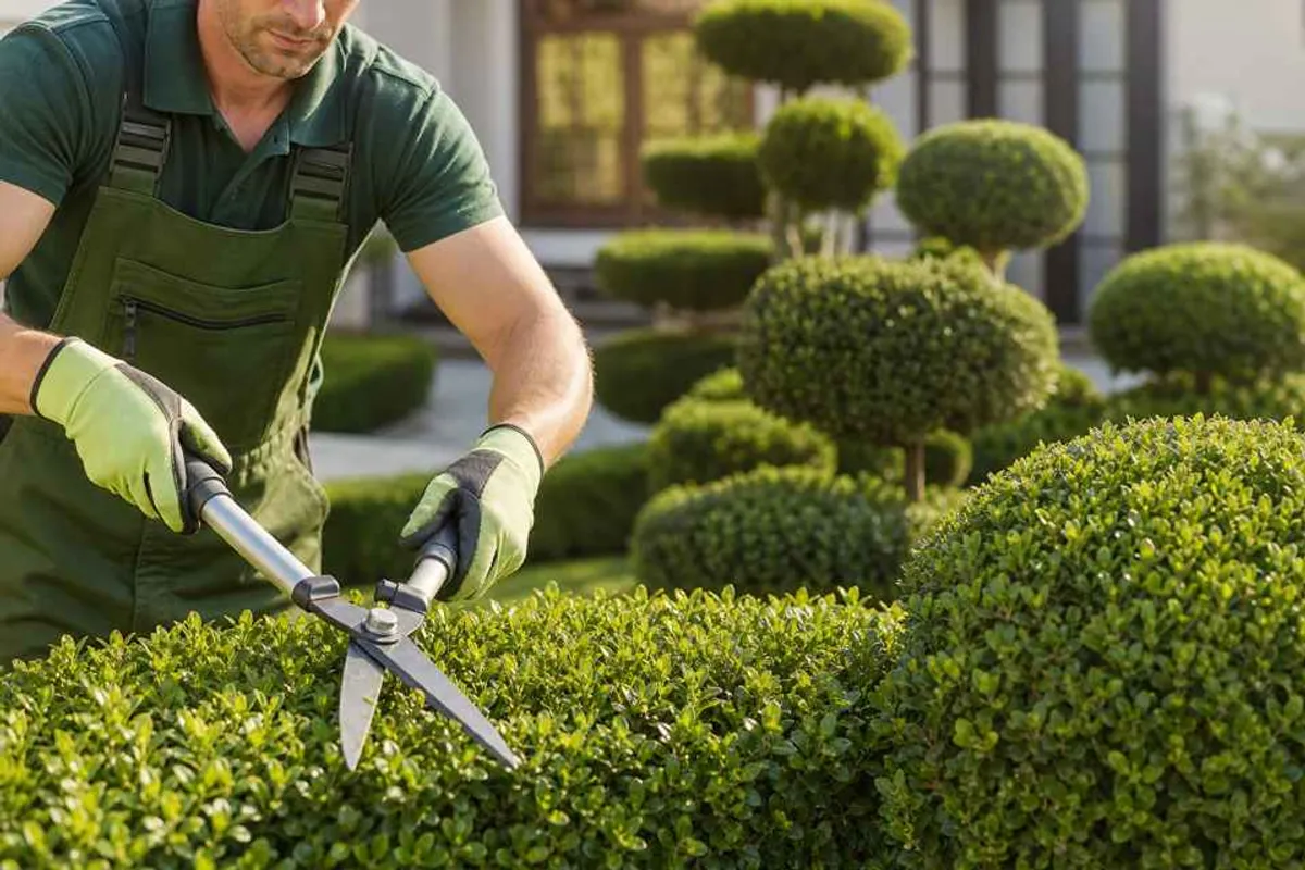 Jardineiro profissional aparando cerca viva e arbustos com tesoura de poda em jardim residencial bem cuidado