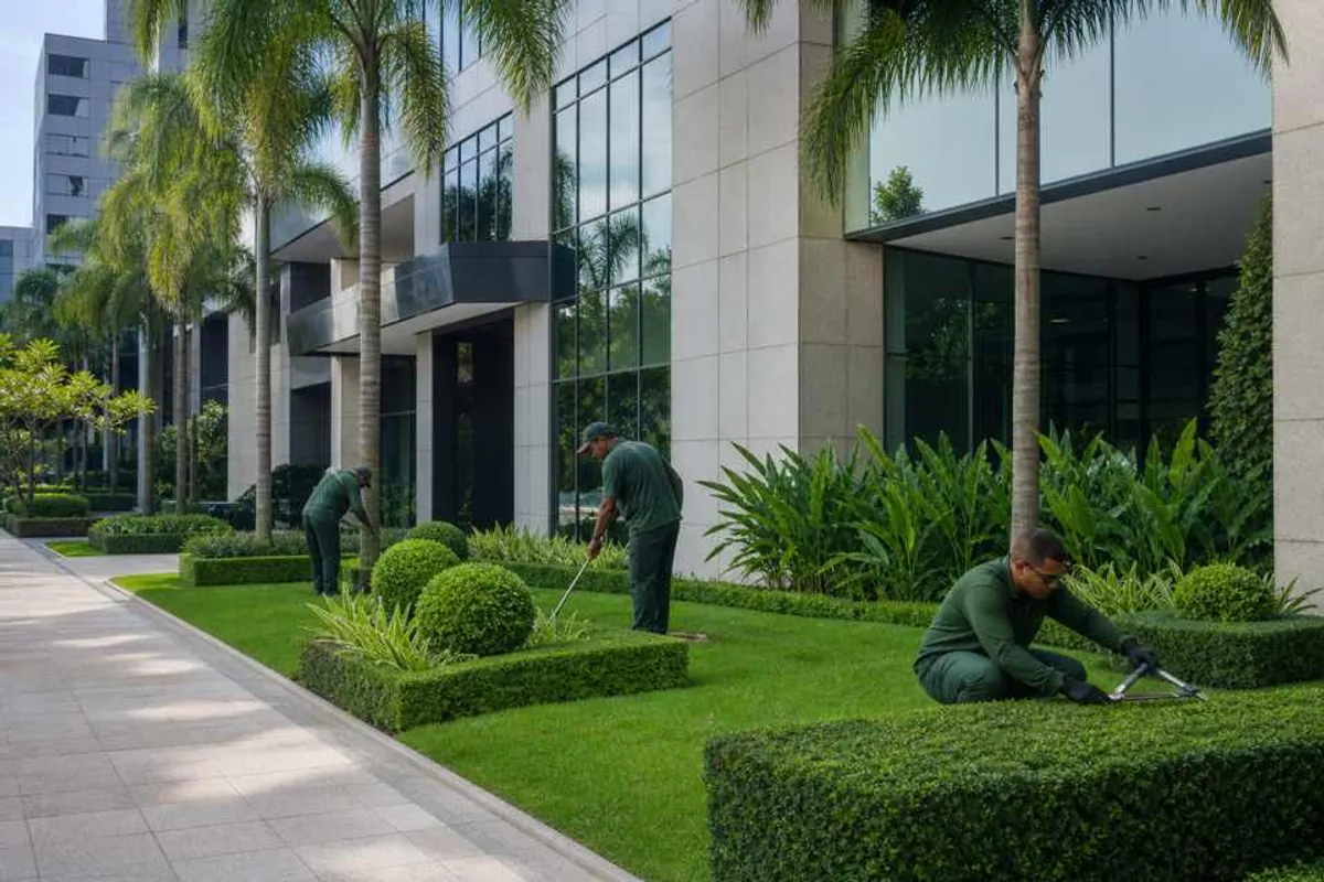 Paisagismo comercial na entrada de prédio empresarial com arbustos podados e palmeiras, equipe fazendo manutenção
