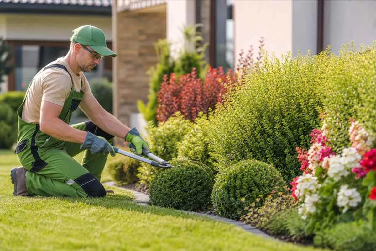 Jardineiro profissional fazendo manutenção de jardim residencial, aparando arbustos, gramado verde